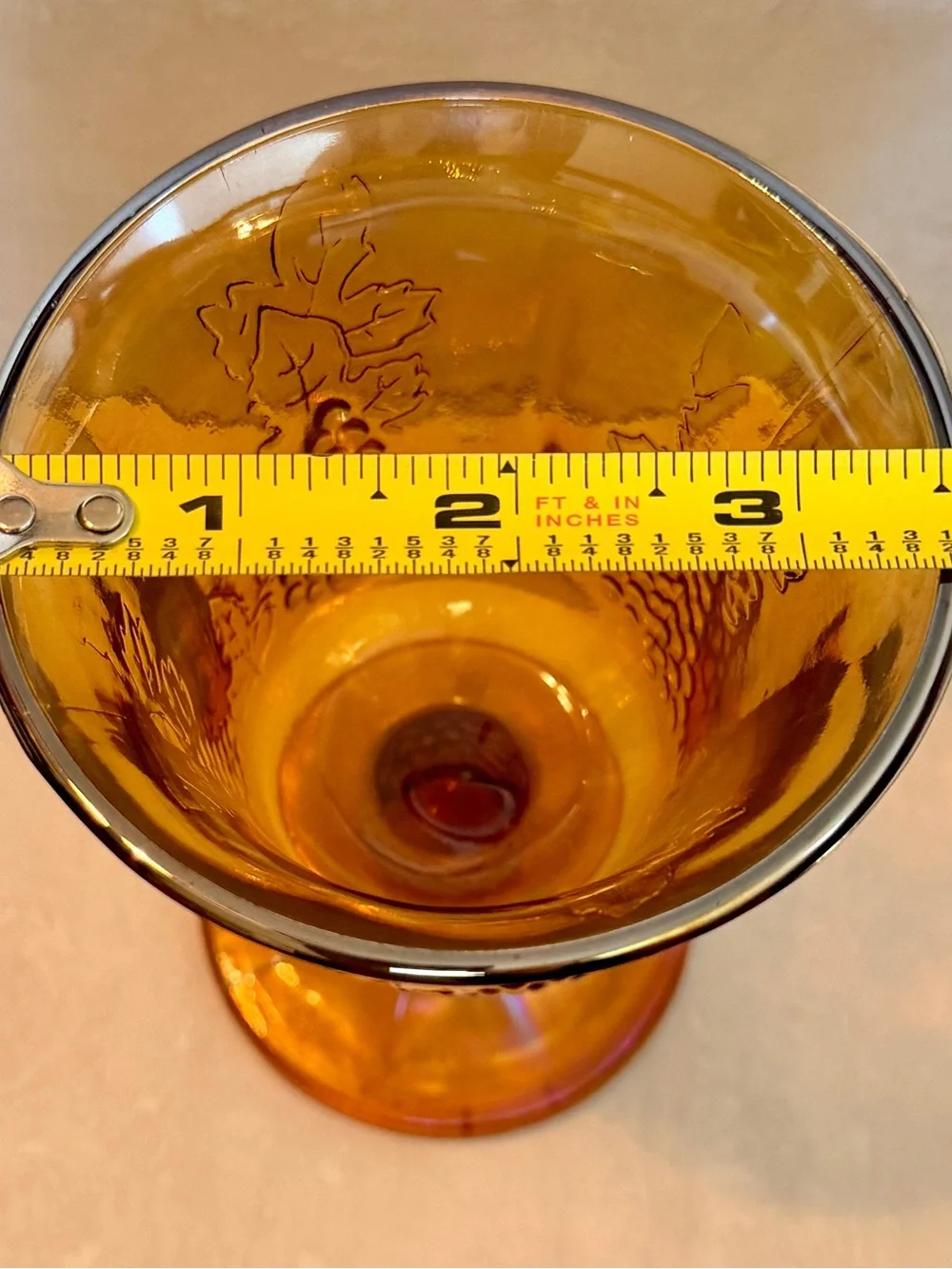 Vintage Indiana Amber Carnival Glass Wine Goblet  “Harvest Grape” Pattern